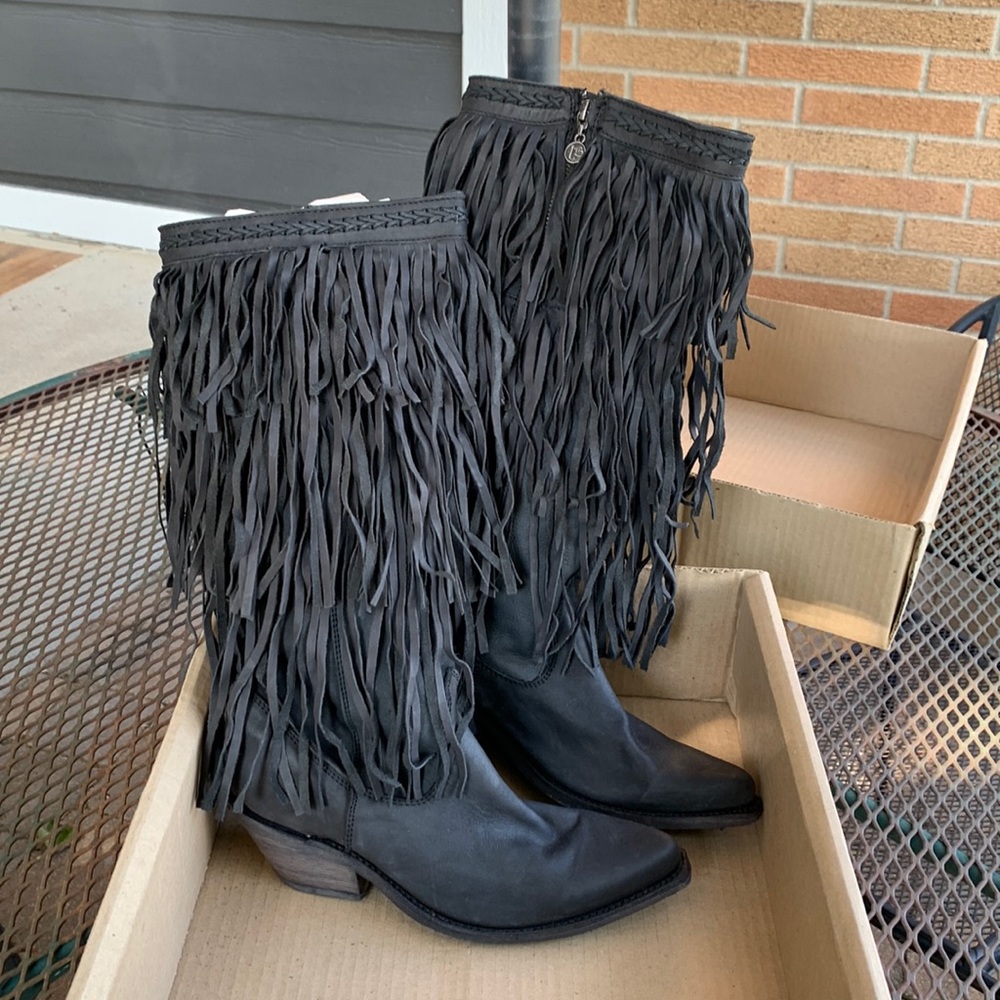 Liberty Black tall leather fringed boots - size 8 - Never worn